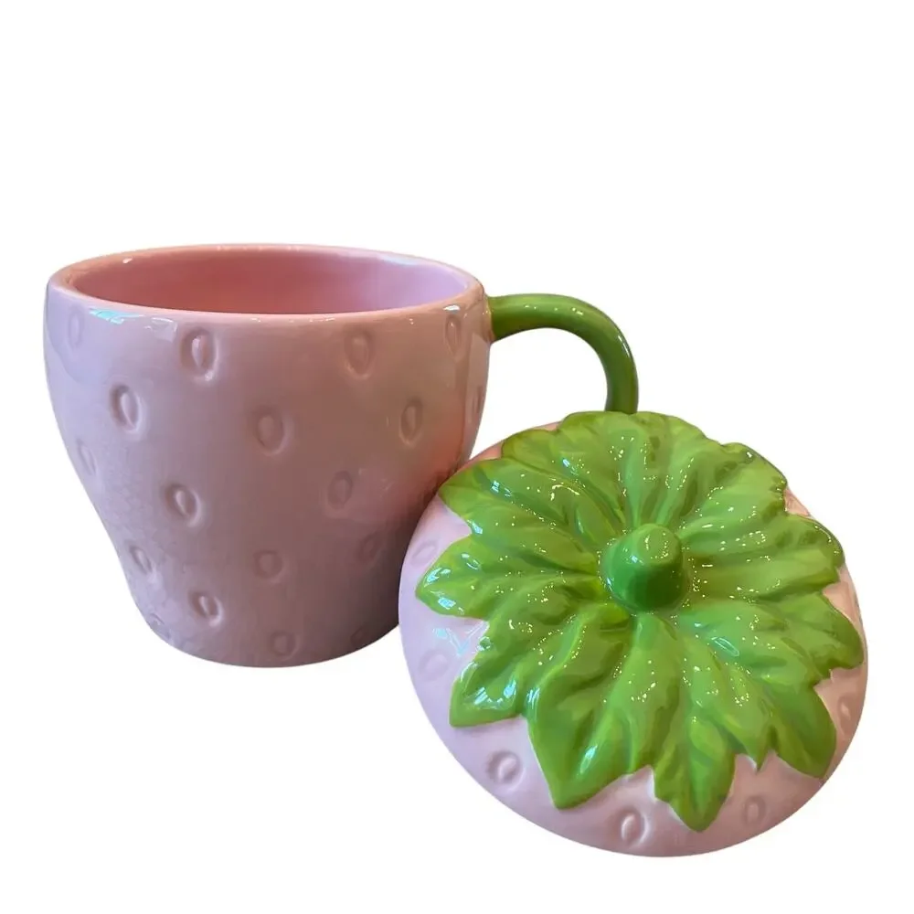 Lang Hand Painted PINK STRAWBERRY Ceramic Mug with Lid 18oz Spring New